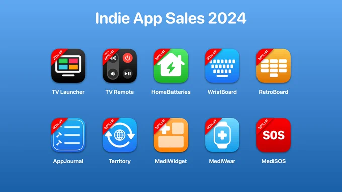 Graphic showing 10 apps that have been discounted as part of Indie App Sales.