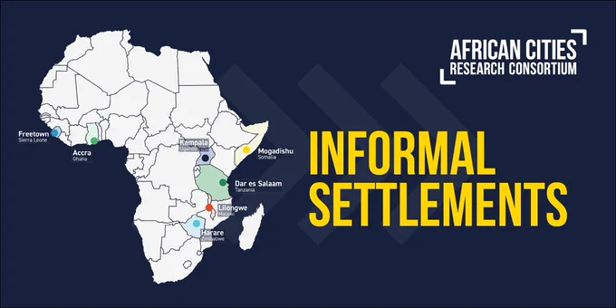 Graphic card with a map of Africa and text reading "informal settlements", with the African Cities Research Consortium logo in the top right corner.