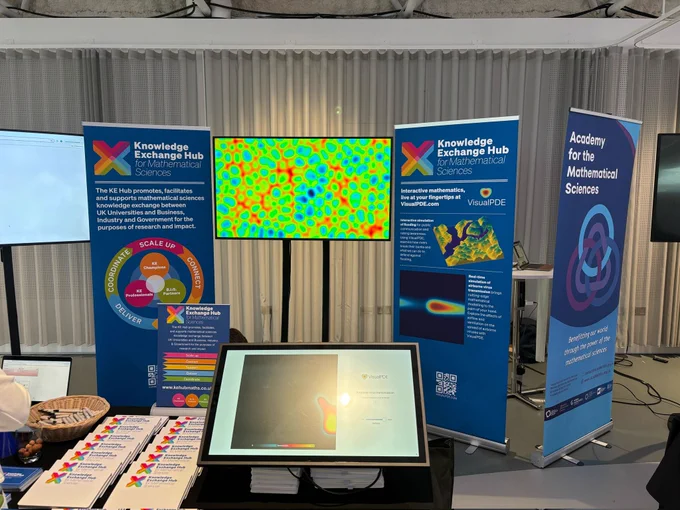 Several posters descriving the Knowledge Exchange Hub and VisualPDE. A few screens are demonstrating interactive VisualPDE simulations. A table has some cards on it at the front.