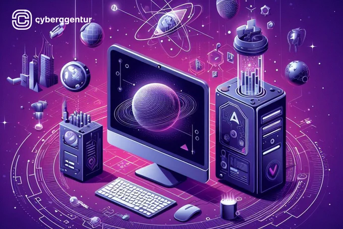 Das Bild zeigt eine futuristische, violett getönte Szene mit einem Computermonitor, der ein 3D-Modell eines Planeten anzeigt. Neben dem Monitor befindet sich ein komplexer Computer-Tower mit leuchtenden Elementen. Im Hintergrund sind schematische Darstellungen von Planeten und Bahnen sowie geometrische Formen zu sehen. Verschiedene technologische Geräte und Strukturen schweben im Raum, darunter Satelliten und futuristische Gebäude.