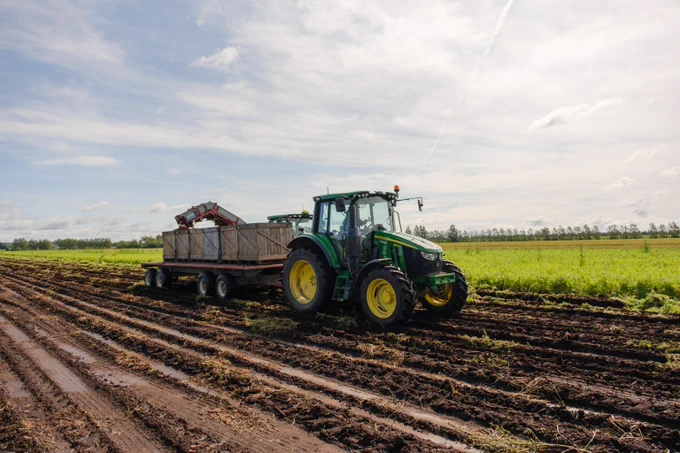 A tractor with a carrot harvester in a field.