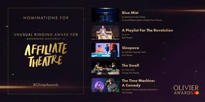 The nominees for Unusual Rigging Award for Outstanding Achievement in Affiliate Theatre are:

Blue Mist 
by Mohamed-Zain Dada 
Jerwood Theatre Upstairs at Royal Court Theatre
-
A Playlist For The Revolution
by AJ Yi 
Bush Theatre
-
Sleepova
by Matilda Feyiṣayọ Ibini 
Bush Theatre
-
The Swell
by Isley Lynn 
Orange Tree Theatre
-
The Time Machine: A Comedy
by Steven Canny and John Nicholson 
Park Theatre