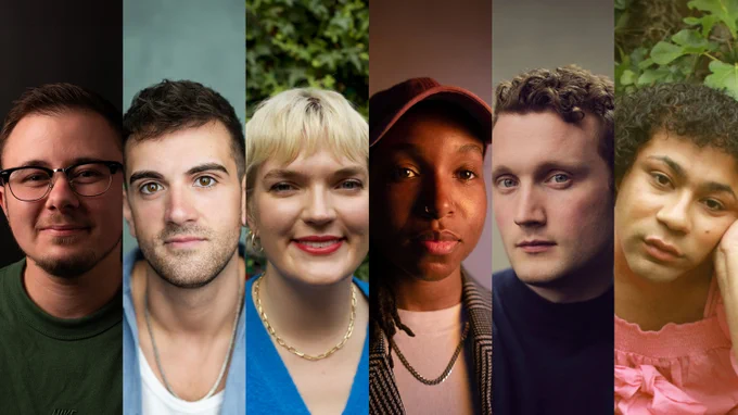 A composite image of headshots of the 2024 BFI Flare cohort (from left to right) Charlie Tidmas, Zak Ghazi-Torbati, Isabella Bassett, Cherish Oteka, Miles Sloman and Travis Alabanza