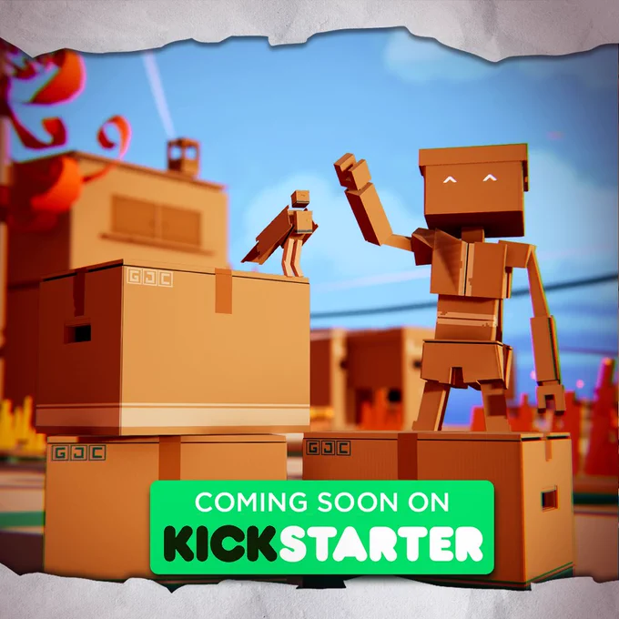 A human made of cardboard boxes salutes happily with a bird also made with cardboard boxes pose next to them. A sign says that the game will come soon on Kickstarter.