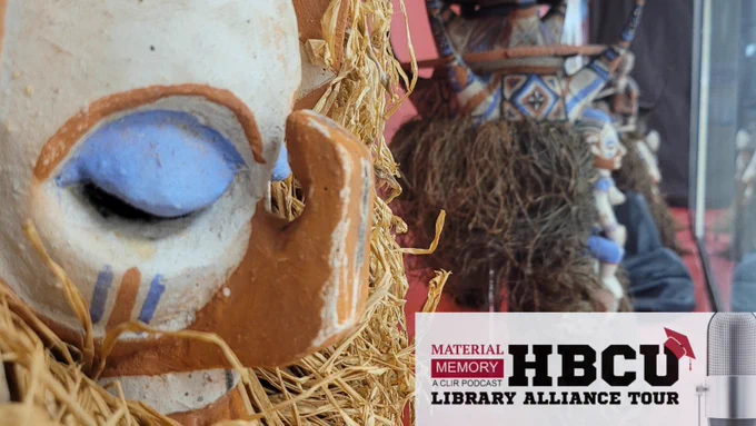 Color photo of African masks in museum case with HBCU Library Alliance Tour logo in right corner.