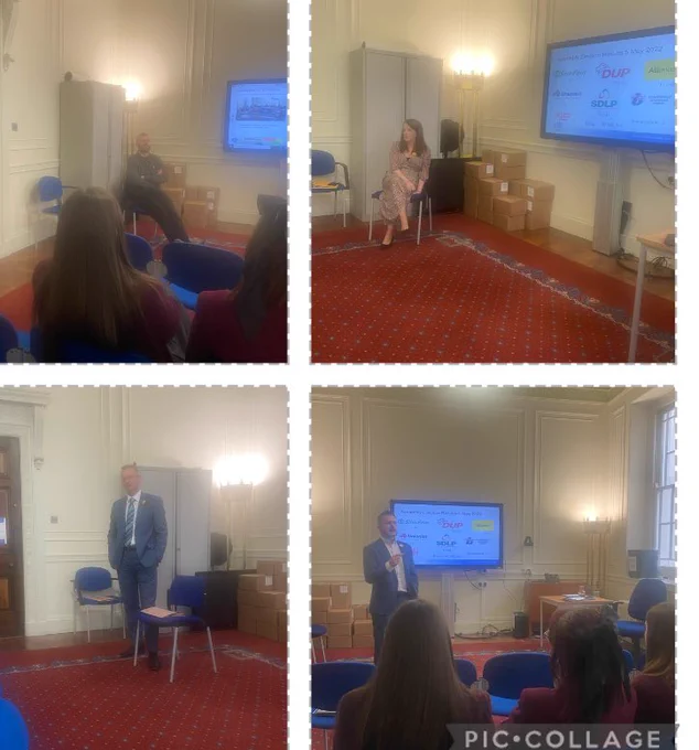 4 photos of MLAs in room taking questions. Gerry Carroll MLA, Nuala McAllister MLA, Brian Kingston MLA and Robbie Butler MLA