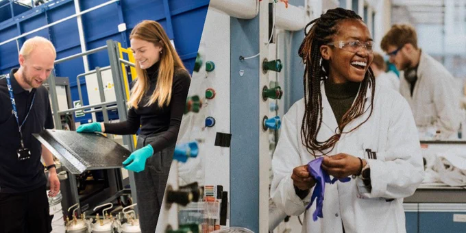 Image on left shows research students inspecting a demonstrator sustainable composite panel used for a lightweight portable wheelchair ramp. Image on right shows Engineering Biology researchers working in a laboratory.