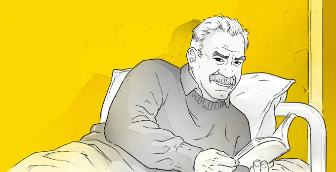 Apo im Gefängnisbett liegend und lesend.
