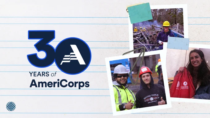 Three images of AmeriCorps members and a "30 Years of AmeriCorps" logo.