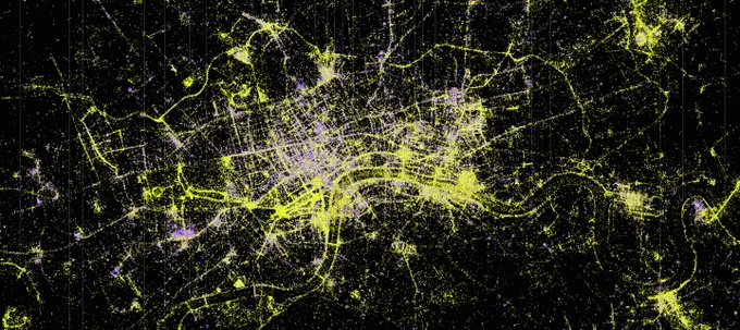 Bridges - Alex Kachaev and Jo Wood.

Data visualization for the Museum of London Museum by Alex Kachkaev (a PhD student) with supervisor Joseph Wood, illustrating where people in London congregate in both inside and outside spaces, showing how a creative use of data can be used to build a picture of human behaviour.