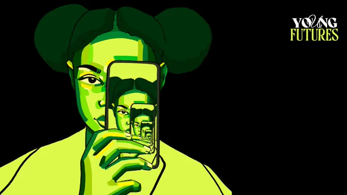 An illustration of a young person holding up a smart phone. Their face is reflected over and over again on the screen.