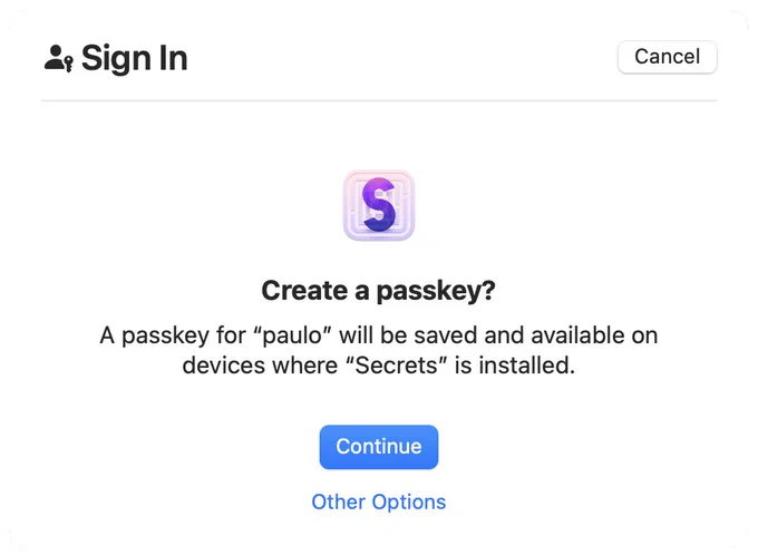 Safari's passkey setup view
