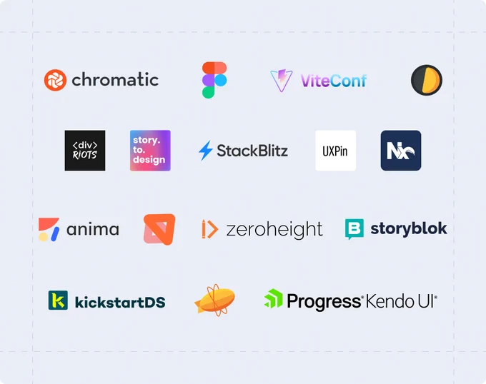 Chromatic, Figma, ViteConf, Omlet, <div>RIOTS, story.to.design, Stackblitz, UXPin, Nx, anima, Mock Service Worker, zeroheight, storyblok, kickstartDS, Zeplin, and Kendo UI