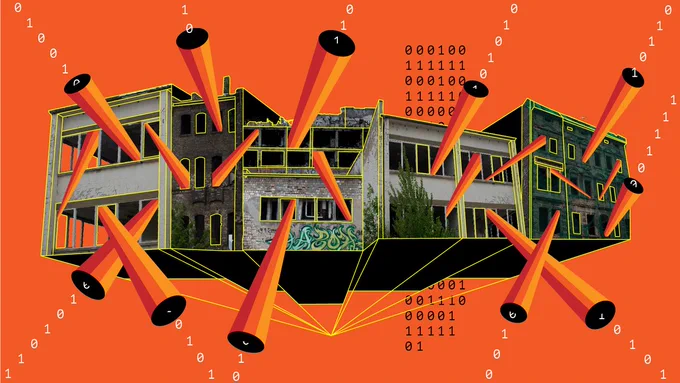 A grey building is seen as in a 3D plan against a bright red background. 0s and 1s represent data streaming out of the windows and gaps in the roof.

Anton Grabolle / Better Images of AI / AI Architecture / CC-BY 4.0