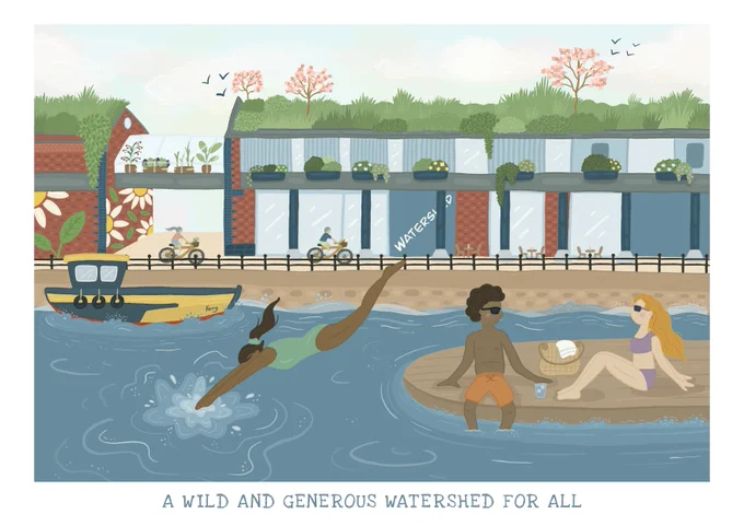 Illustration of Watershed Wild and Generous by Zoe Williams. People are relaxing near the water outside, diving, enjoying a drink, cycling by. The roof is covered in plants and trees and birds are in the sky.