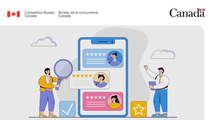 Two cartoon people next to a big smartphone showing reviews with 1-5 stars.