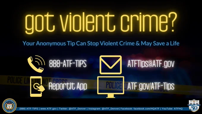 graphic on how to report tips ATF partners with @Reportitcom to provide a simple way to anonymously and confidentially submit tips about crimes happening in communities involving firearms, explosives, arson, and violent crime. For more, go to https://atf.gov/atf-tips. #ATFtips