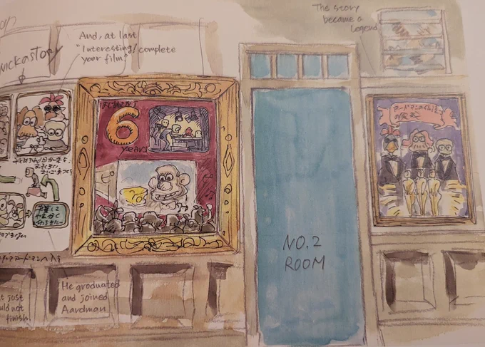 Painted designs for wall displays at the Aardman exhibition, including imagery of Wallace, and a poster showing the team's Oscar triumphs.