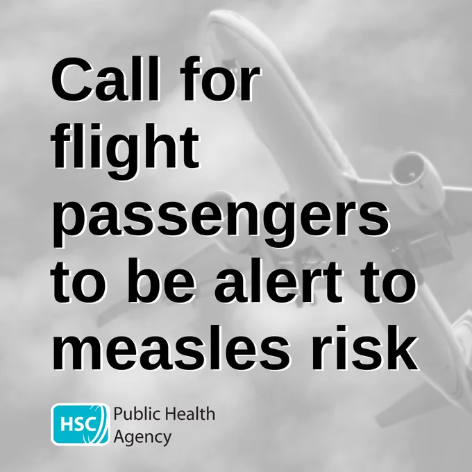 A black and white picture of an airplane with text that says "call for flight passengers to be alert to measles risk". With the PHA logo.