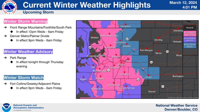A map of current Winter Storm Warnings, Winter Storm Watches, and Winter Weather Advisories, along with the timing of these hazards.