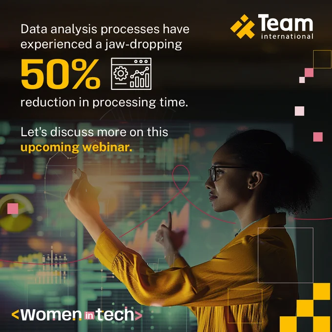 In the image, a woman is pointing out a digital board in front of her, she's wearing glasses and a yellow shirt. The Team international logo appears too.