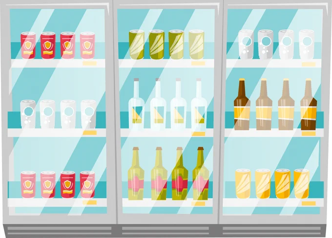 A graphic featuring a grocery store cooler, with various bottles and cans stacked on the shelves. 