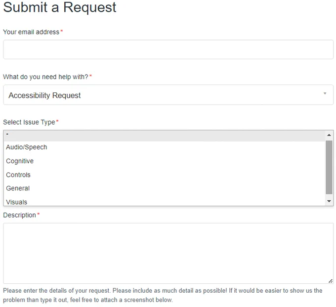 Screenshot of the submit a request form from the Insomniac support page. The selected category is Accessibility Request. Below is a dropdown box with options for none, Audio/Speech, Cognitive, Controls, General, and Visuals. At the bottom is an open box titled Description.