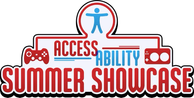 A stick figure appears in a circle. Lines lead to two game controllers, one more traditional and one a modular accessibilitty controller. Text reads Access-Ability Summer Showcase.