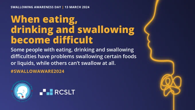Royal College of Speech and Language Therapists graphic. Blue background with a yellow line drawing of a person's head and neck. There is a knotted mass in the middle of the person's neck. Text reads: When eating, drinking and swallowing become difficult. Some people with eating, drinking and swallowing difficulties have problems swallowing certain foods or liquids, while others can't swallow at all. #SWALLOWAWARE2024