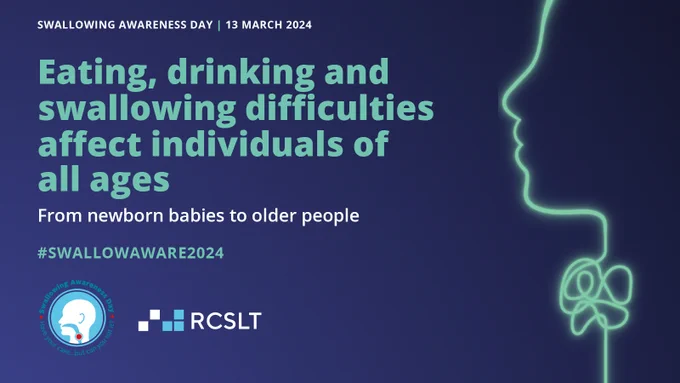 Royal College of Speech and Language Therapists graphic. Navy background with a baby blue line drawing of a person's face and neck. There is a knot in the middle of the neck. Text reads: Eating, drinking and swallowing difficulties affect individuals of all ages, from newborn babies to older people. SWALLOWAWARE2024.