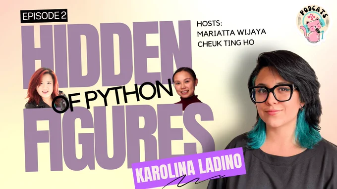 Episode banner showing photo of Karolina Ladino and hosts Mariatta and Cheuk