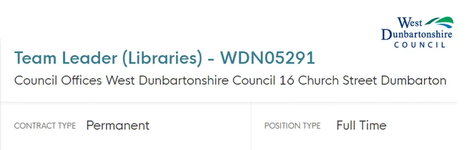 Image of a job advert for Team Leader Libraries with West Dunbartonshire Council