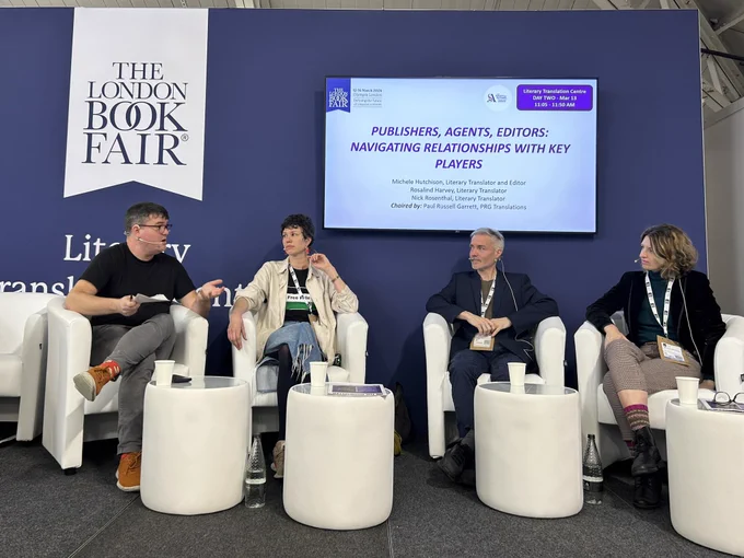 Photo of 4 panellists at the Literary Translation Centre at the London Book Fair.