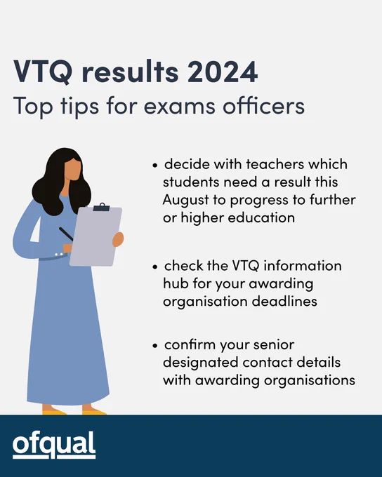 Infographic on top tips for exams officers, including checking the VTQ hub for awarding organisation deadlines and deciding with teachers which students need results this August to progress onto further study. Animated exams officers on left with mid-length black hair, a long light blue dress holding up a piece of paper.