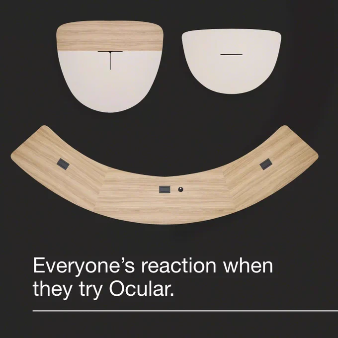 Three Ocular tables - Coupe 5, Coupe 3 and Arc 7 arranged in a smiling face shape on a black background. Text in image: Everyone's reaction when they try Ocular tables.
