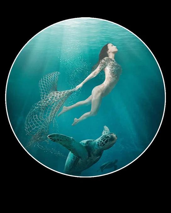 Une femme sans vêtement dans l'océan à côté d'une tortue 