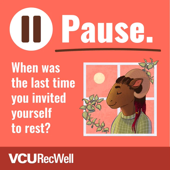 A Ram next to a window with vines, looking peaceful. Caption: When was the last time you invited yourself to rest?