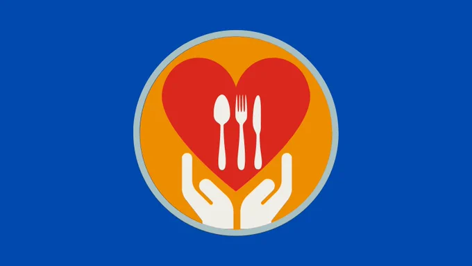 Social media graphic. Blue background. An orange circle appears in the middle of the graphic. Inside the orange circle is a pair of hands holding a red heart. Inside the red heart is a spoon, fork and knife.