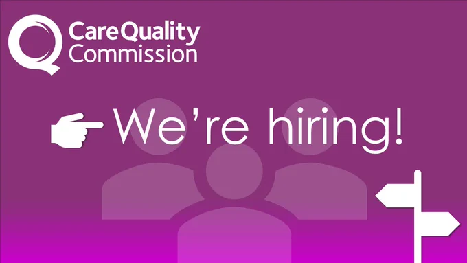 A purple background with the Care Quality Commission logo at the top and the words "We're hiring!" across the centre in white text