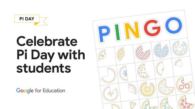 Visual highlighting Pi Day for educators. Text reads, “Celebrate Pi Day with Students." To the right of the text sits a BINGO game board filled with pie slices.