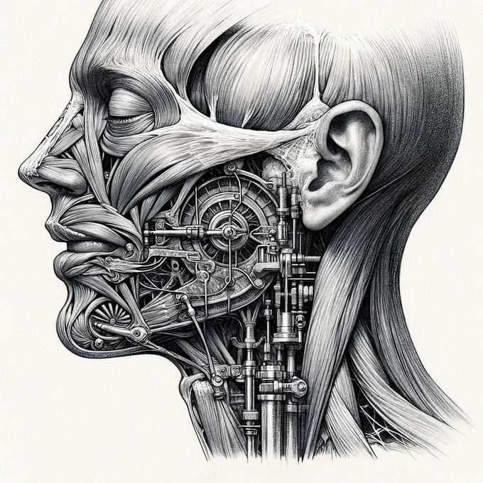 Anatomical drawing of facial musculature and a steam-punk mechanically-integrated silent speech interface