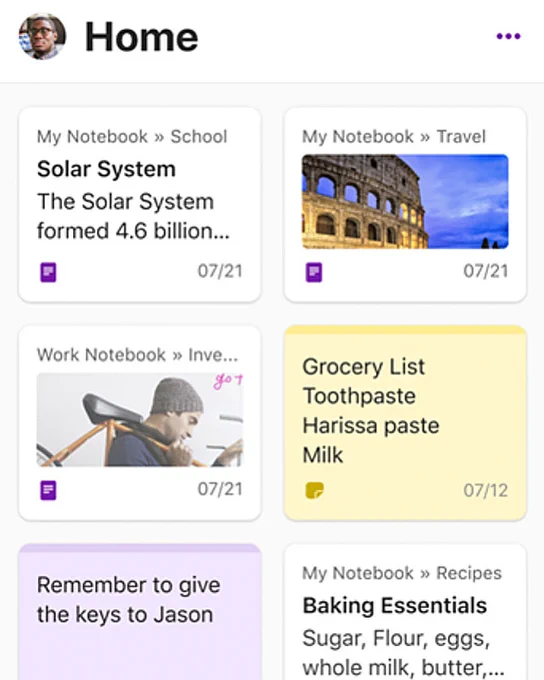 Updated OneNote home screen background with notebooks and reminders.