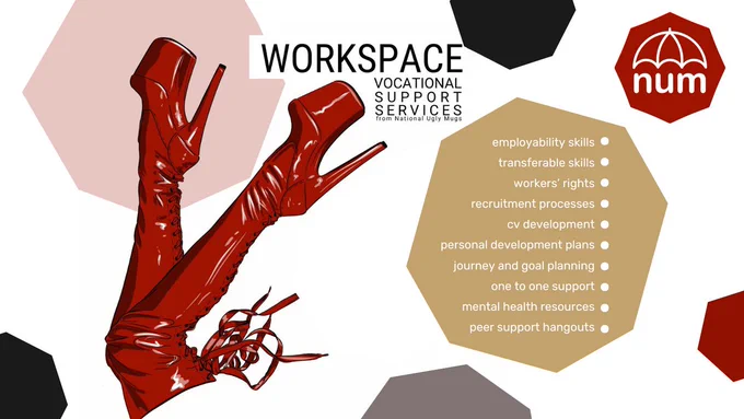 A poster for NUM's vocational support workshops, featuring two red heeled pleaser boots. The text reads: "Employability skills, transferrable skills, workers' rights, recruitment processes, CV development, personal development plans, journey and goal planning, one to one support, mental health resources, peer support hangouts"