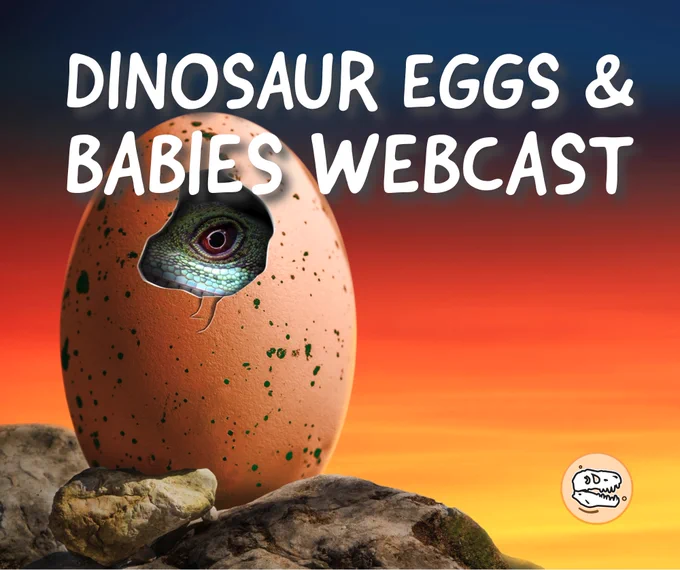 Dinosaur Eggs & Babies Webcast text beside a baby dinosaur hatching from an egg