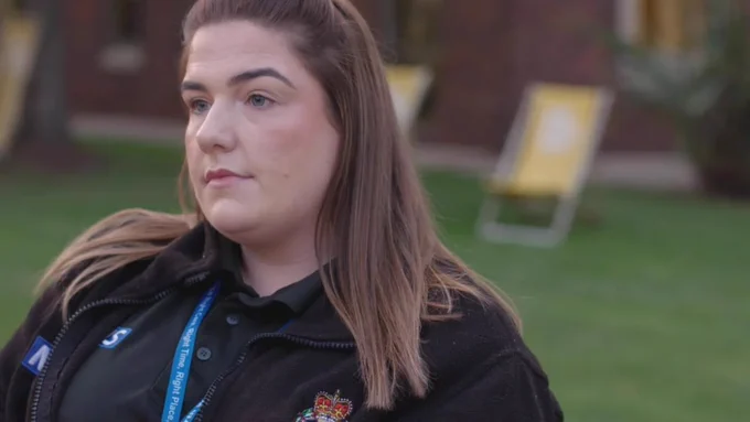 Dispatcher Natalie sitting on a bench.