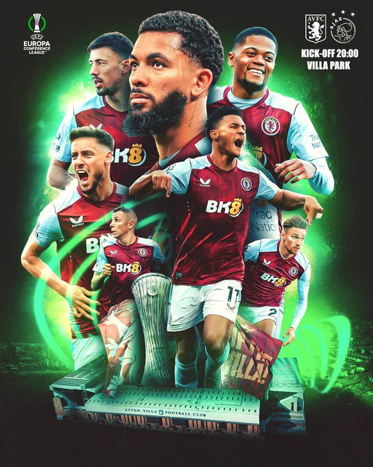 Graphic featuring Clément Lenglet, Douglas Luiz, Leon Bailey, Álex Moreno, Lucas Digne, Ollie Watkins and Matty Cash to preview Aston Villa's UEFA Europa Conference League Round of 16 second leg against Ajax.