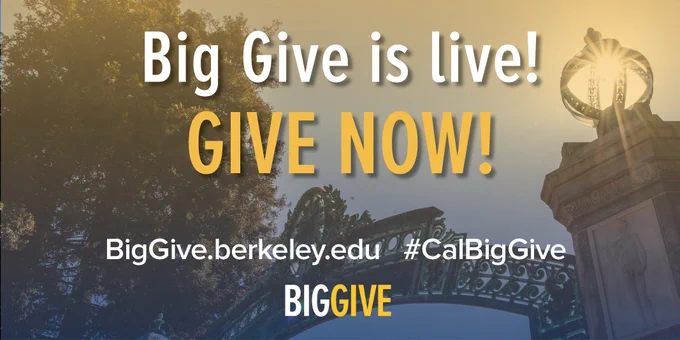 "Big Give is Live" over a sunset photo of Sather Gate.