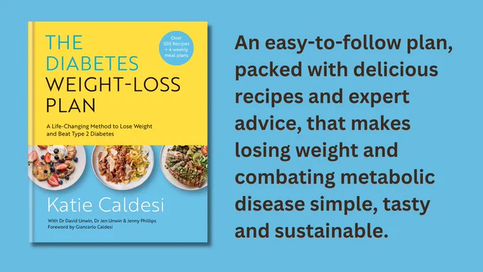 The cover of 'The Diabetes Weight-Loss Plan: A Life-Changing Method to Lose Weight and Beat Type 2 Diabetes' on a blue background with the caption 'An easy-to-follow plan, packed with delicious recipes and expert advice, that makes losing weight and combating metabolic disease simple, tasty and sustainable.'