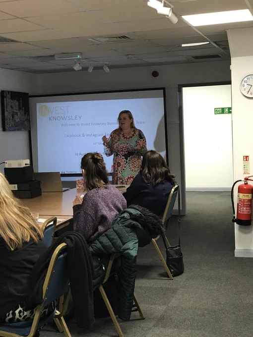 Image of Jo Greer delivering Facebook workshop to Knowsley businesses