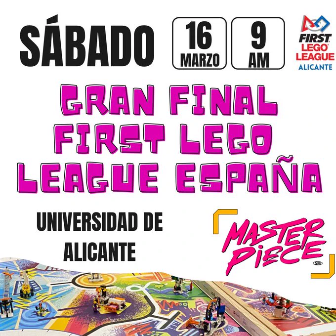 Cartel anunciador de la Gran Final First Lego League España 2024. Sábado 16 de Marzo a partir de las 9 horas.